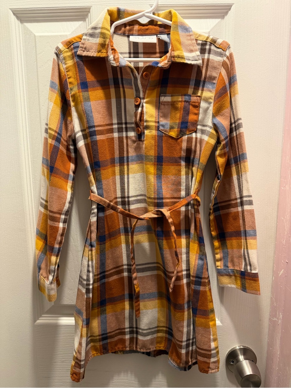 Place Girls Plaid Shirt Dress in Orange, Yellow & Blue